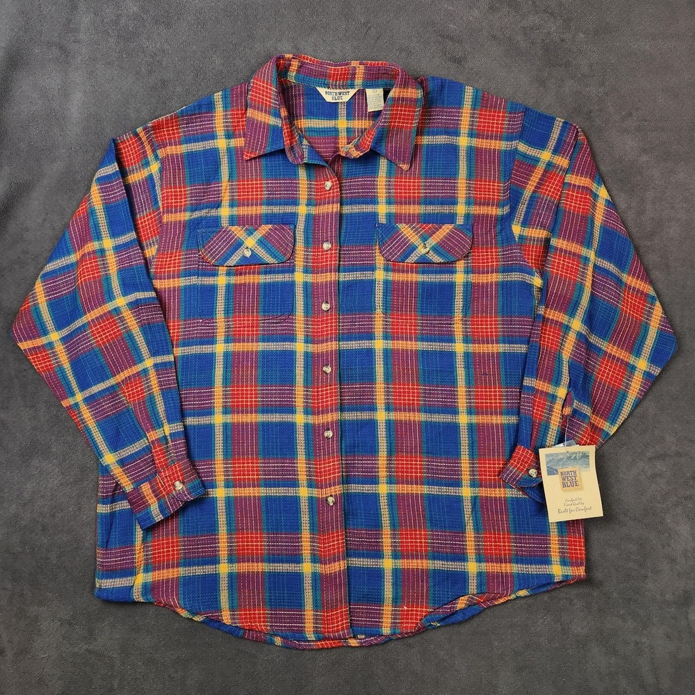 Vintage Northwest Blue Shirt Womens Large Plaid Woven Long Sleeve‎ Button Up 90s